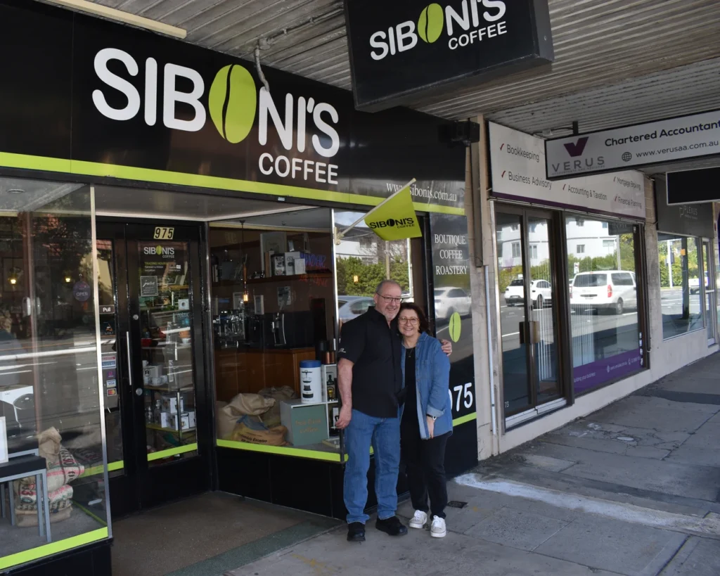 Dean and Rose Kiner outside Siboni's Coffee, 975 Pacific Highway, Pymble