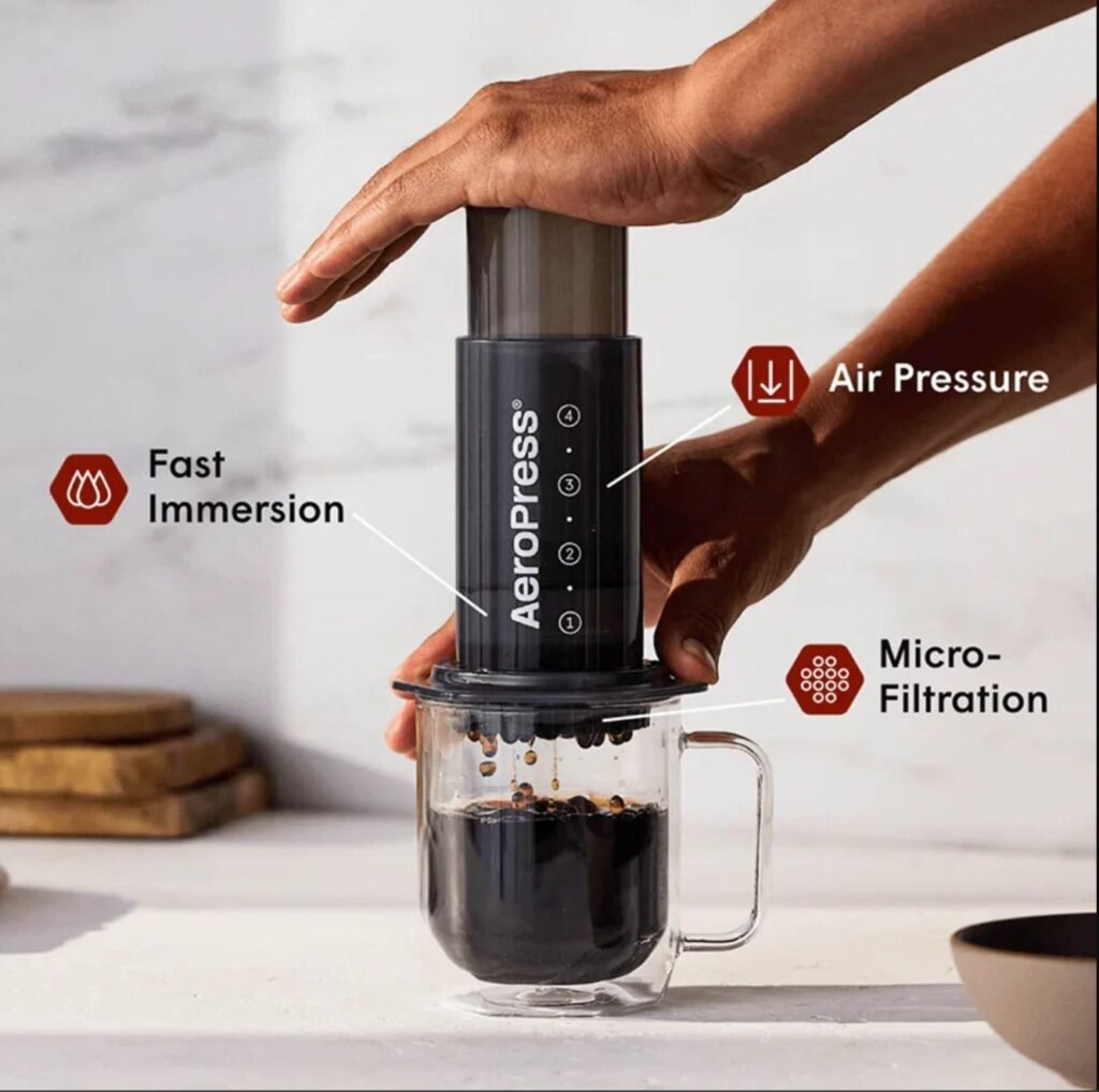 AeroPress original in use — fast immersion, air pressure, micro-filtration