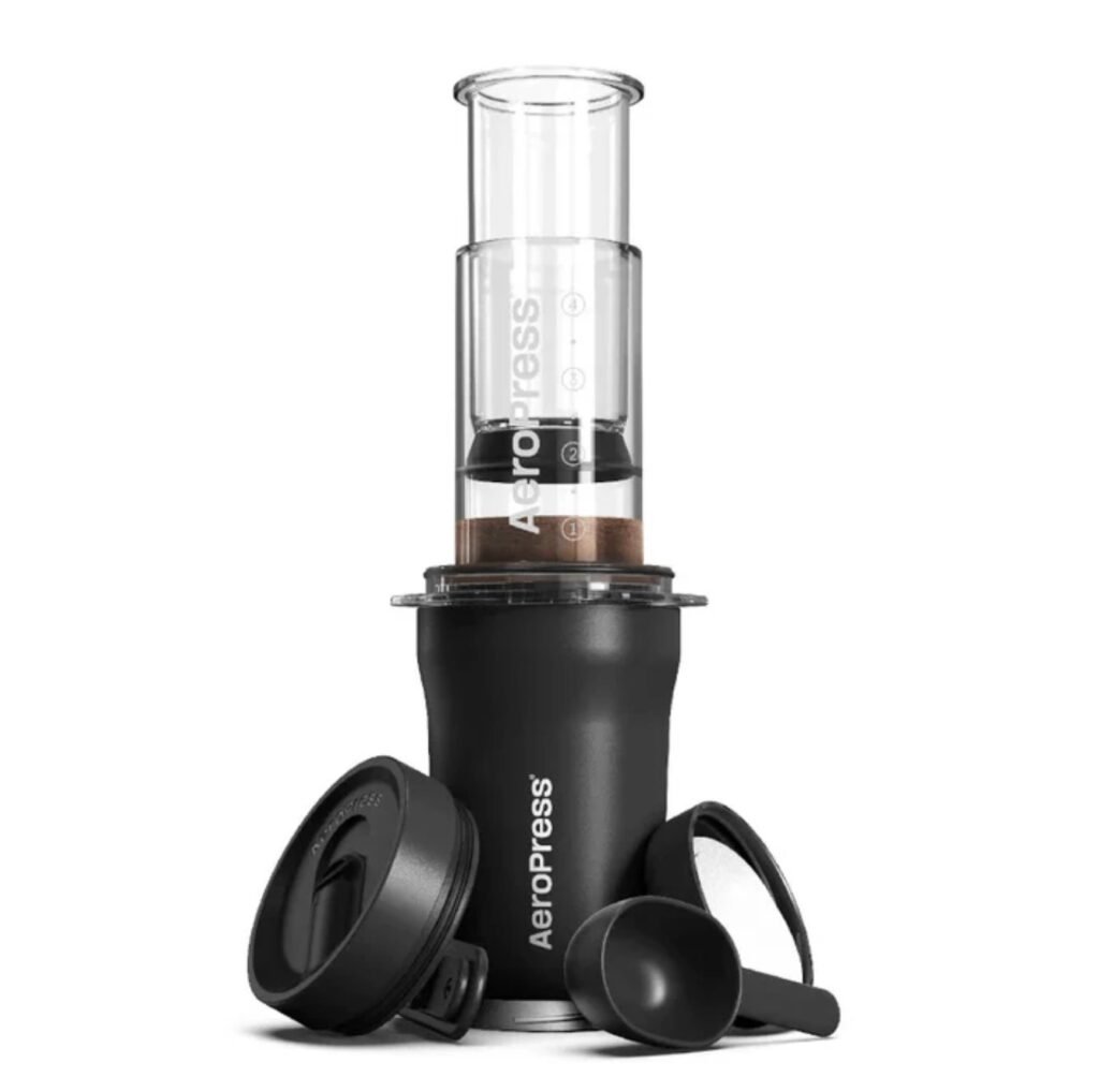 AeroPress Go — black colourway with lids and scoop