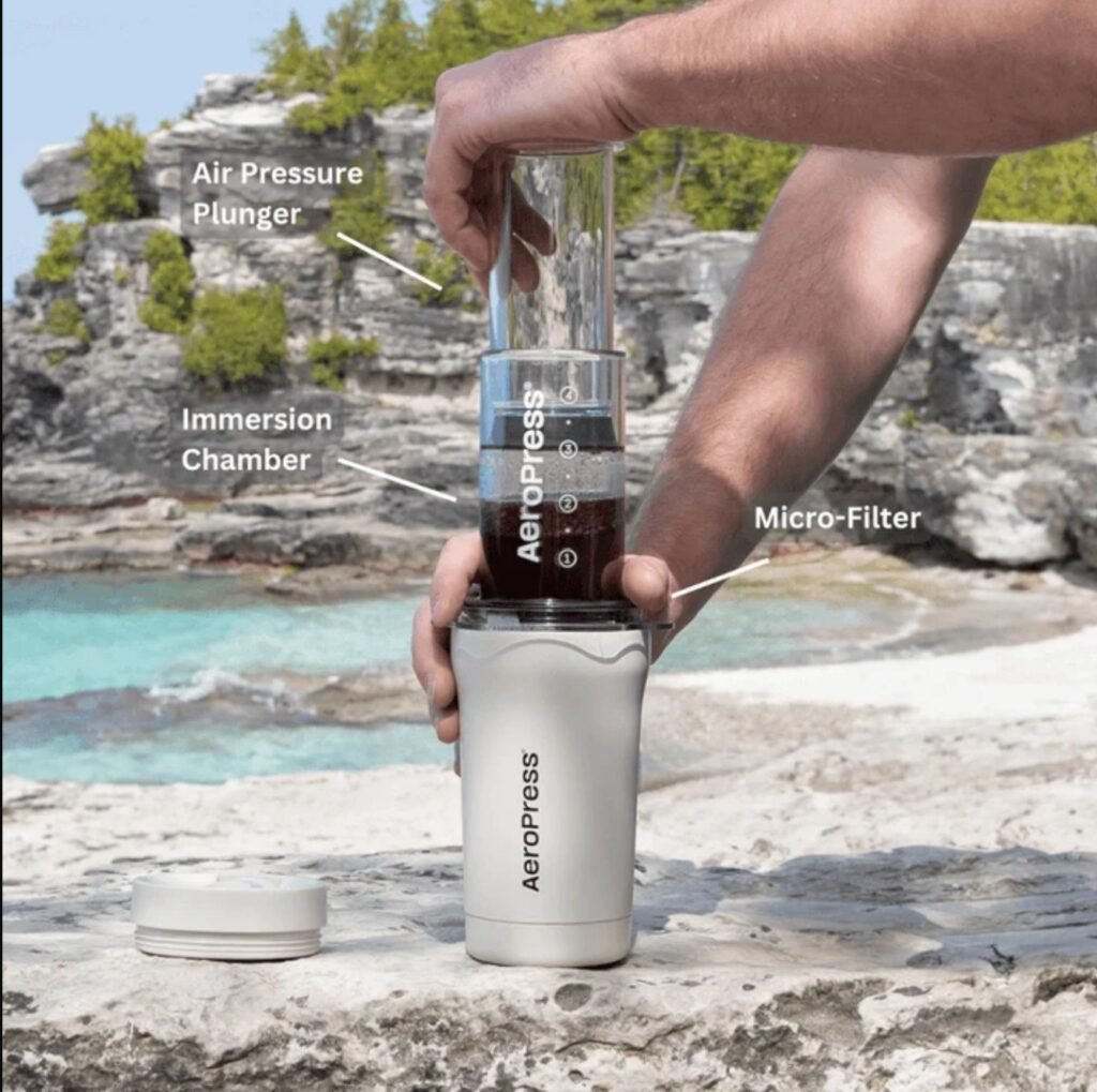 AeroPress Go brewing outdoors — air pressure plunger, immersion chamber, micro-filter